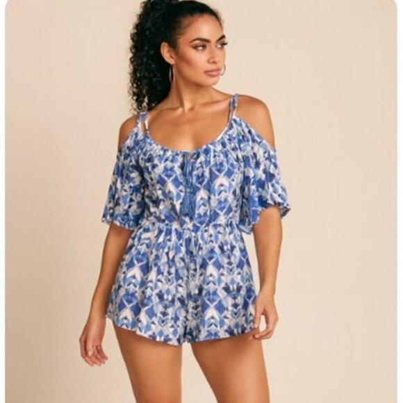 Ark NC Pants - Ark NC Bohemian Romper Blue Geometric Off Shoulder Shorts One Piece Size M